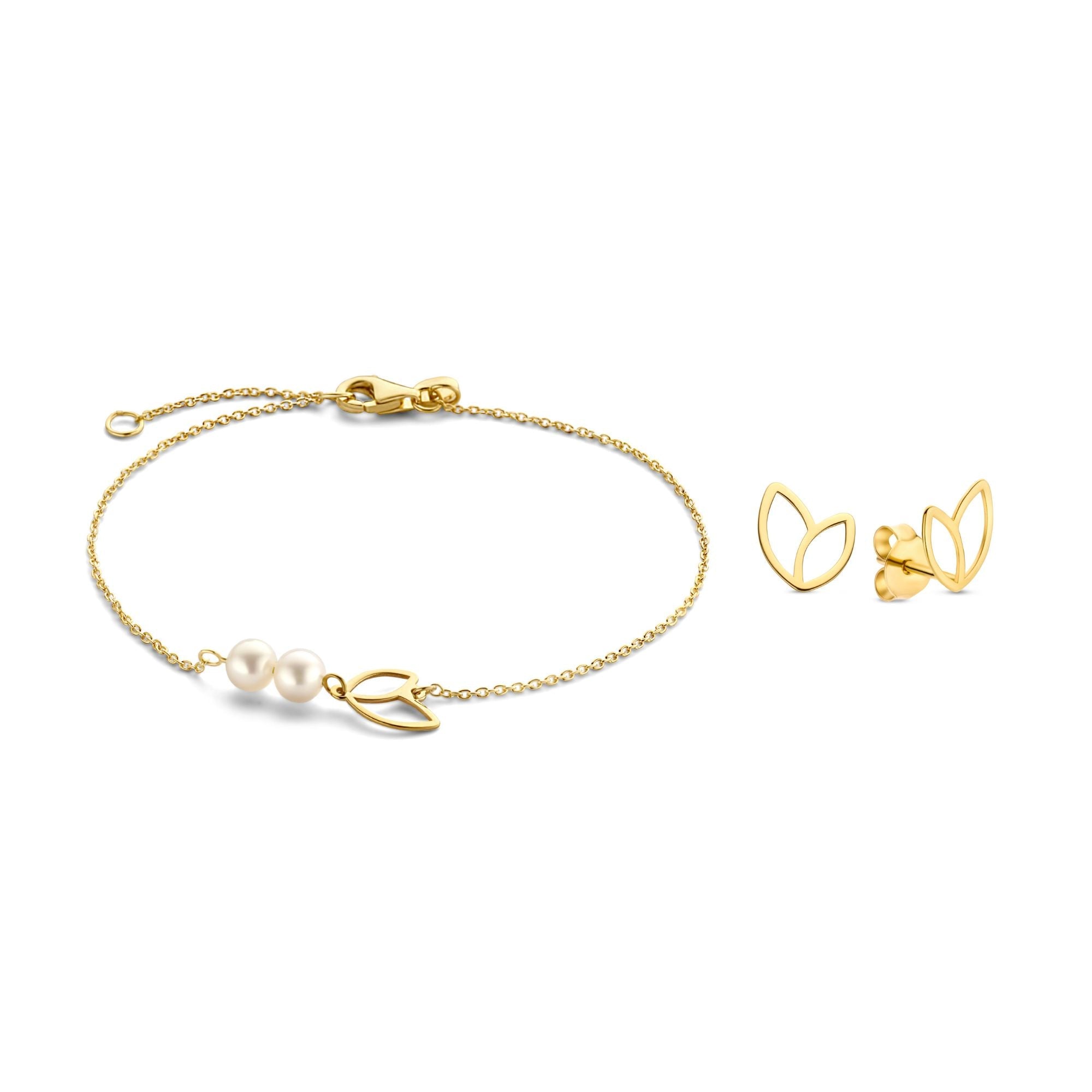 Cadeau d'Isabel 14 karat gold bracelet and ear studs set with pearls