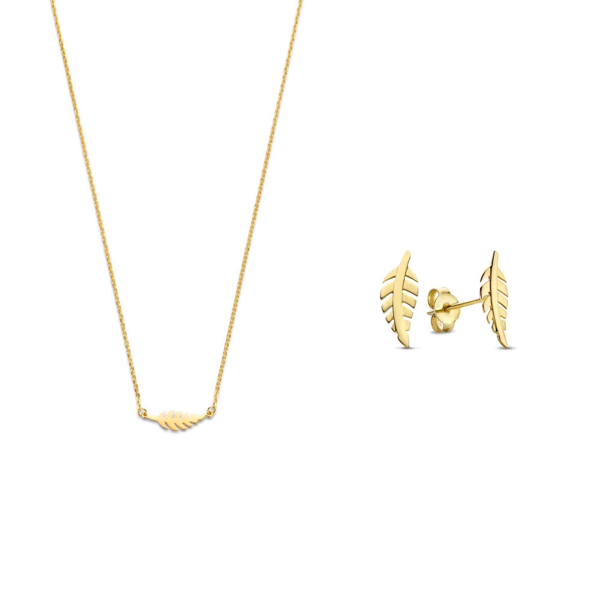 Cadeau d'Isabel 14 karat gold necklace and ear studs set with feather