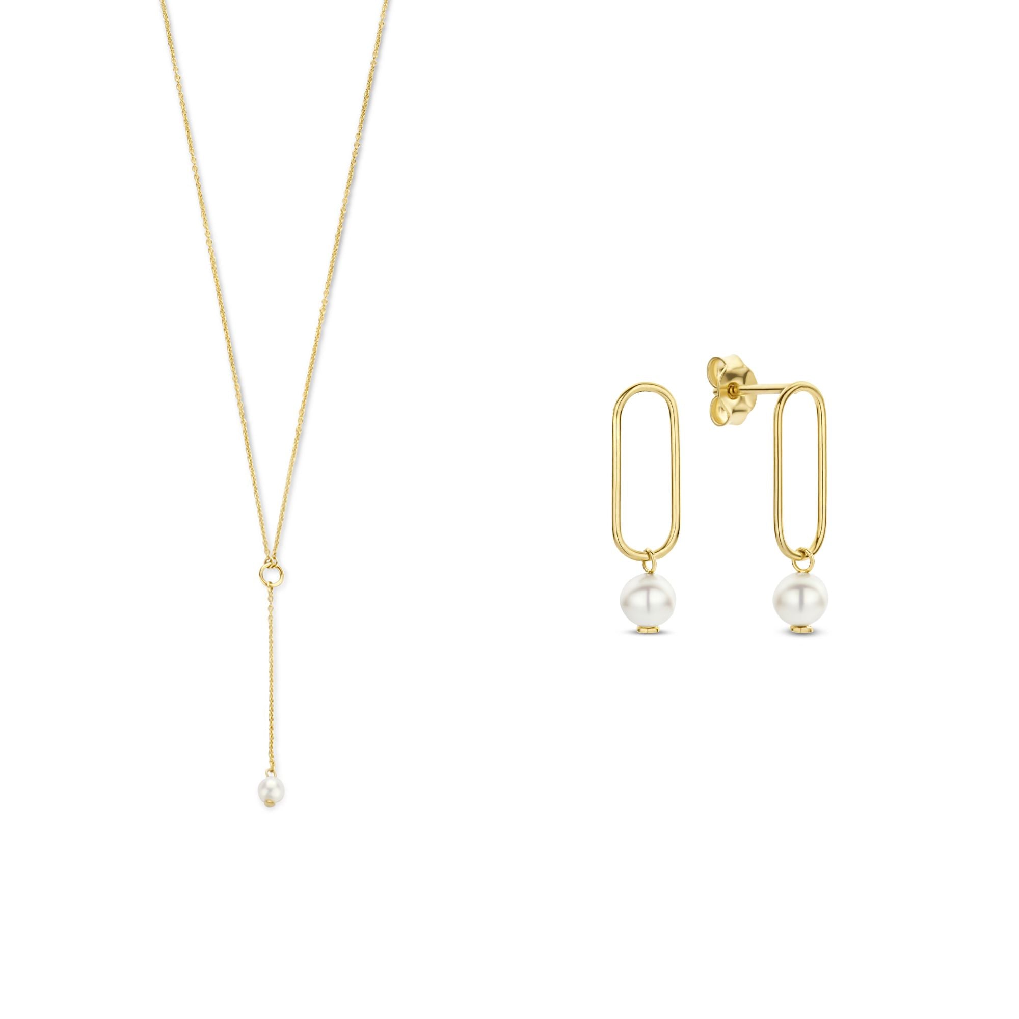 Cadeau d'Isabel 14 karat gold necklace and ear studs set with pearls