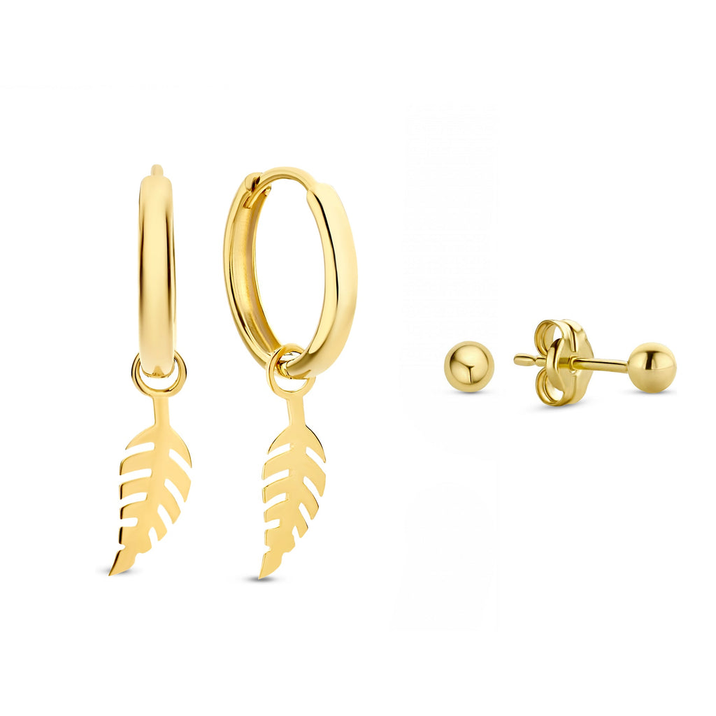 Cadeau d'Isabel 14 karat gold earring set with feather